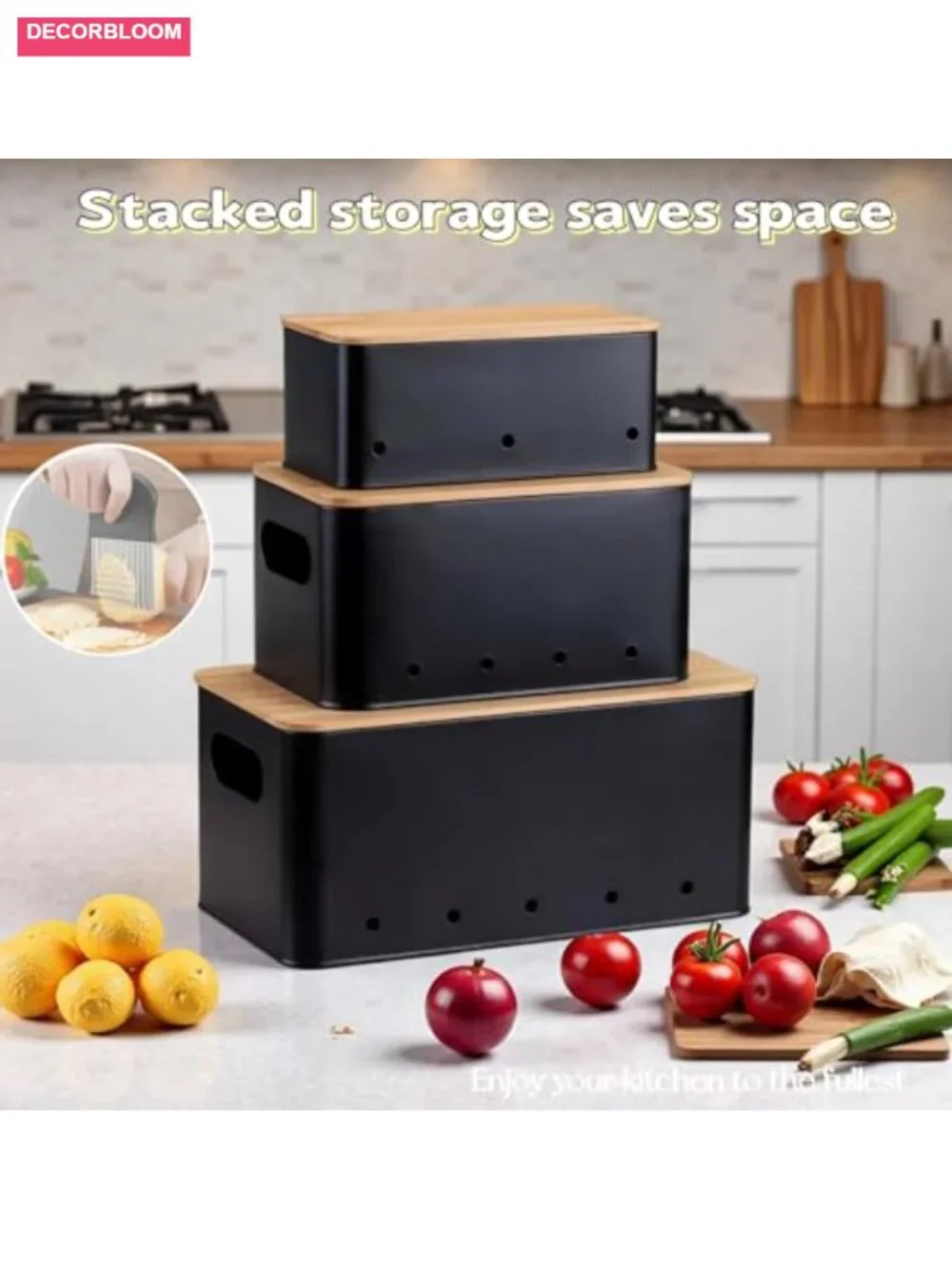 Modern Kitchen Storage Container Set of 3 Stackable Metal Boxes with Wooden